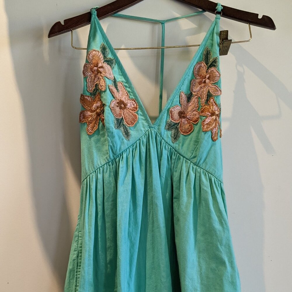 Free People Love and Flowers S teal Embroidered dress